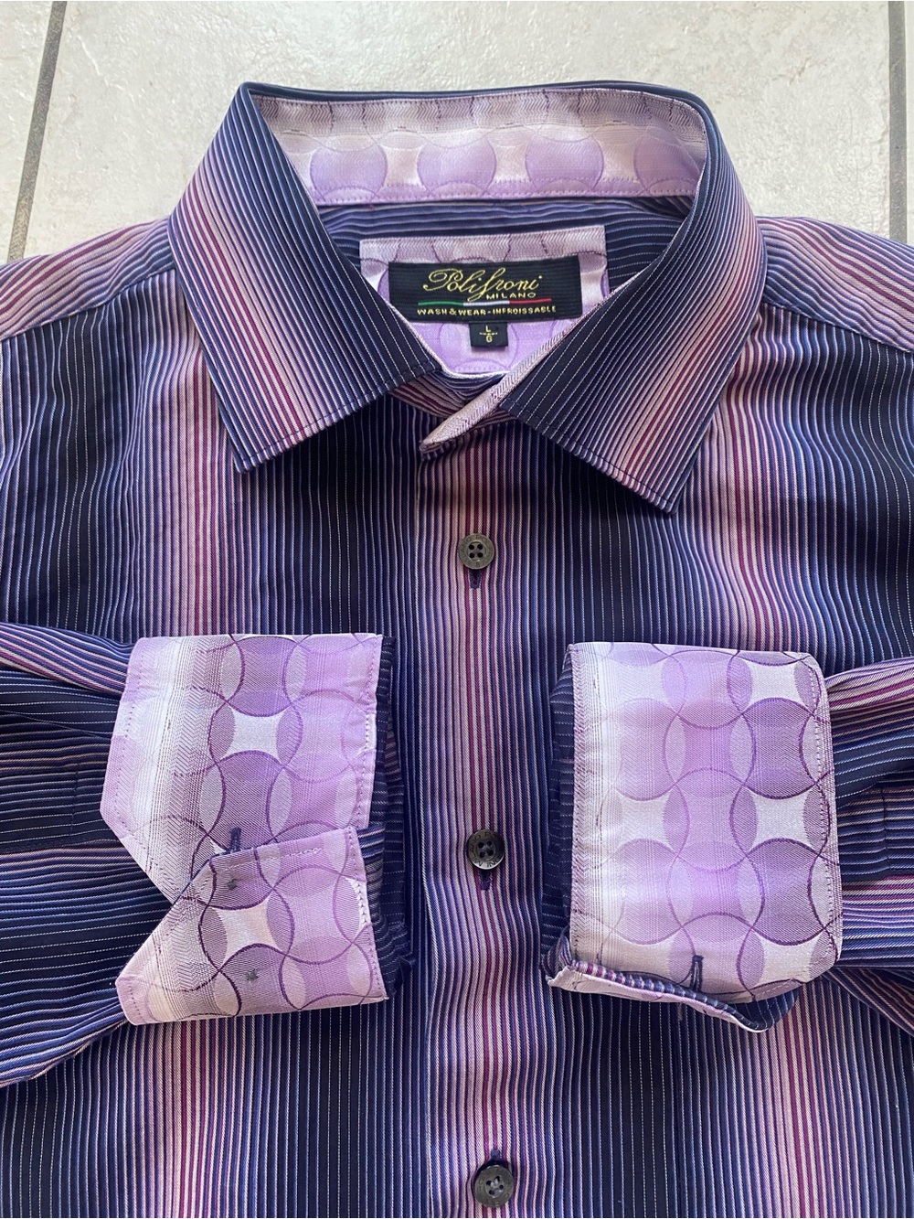 Polifroni Milano Mens Large Purple Striped Flip Cuff Dress Shirt Non Iron